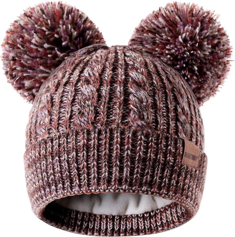 HAITHO Winter Hat for Kids Toddler Children, Girls Beanie with Double Pom Pom Warm Fleece Lined, Girls Accessories Knit Cap - Image 1